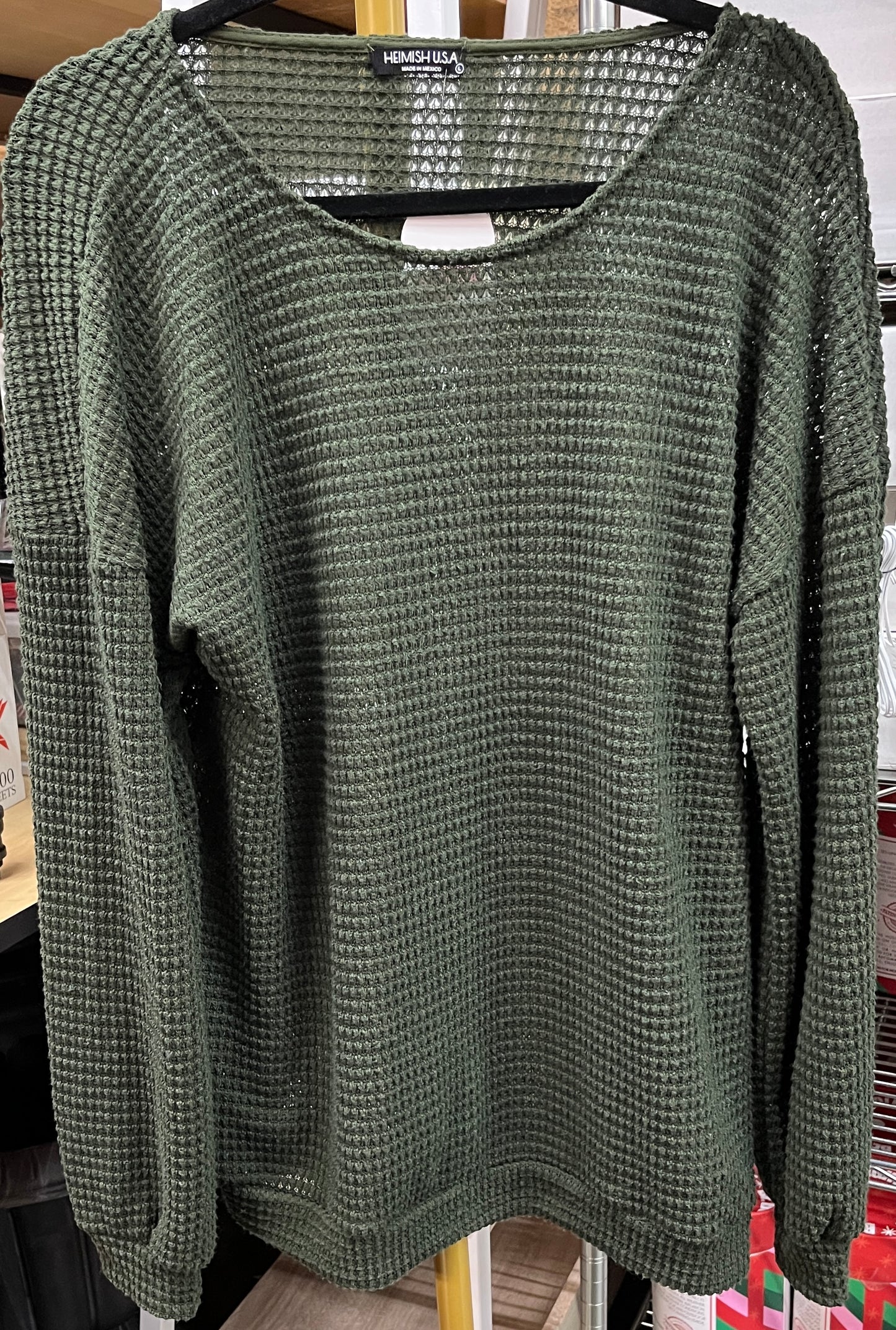 Olive Round Neck Long Sleeve Waffle Top