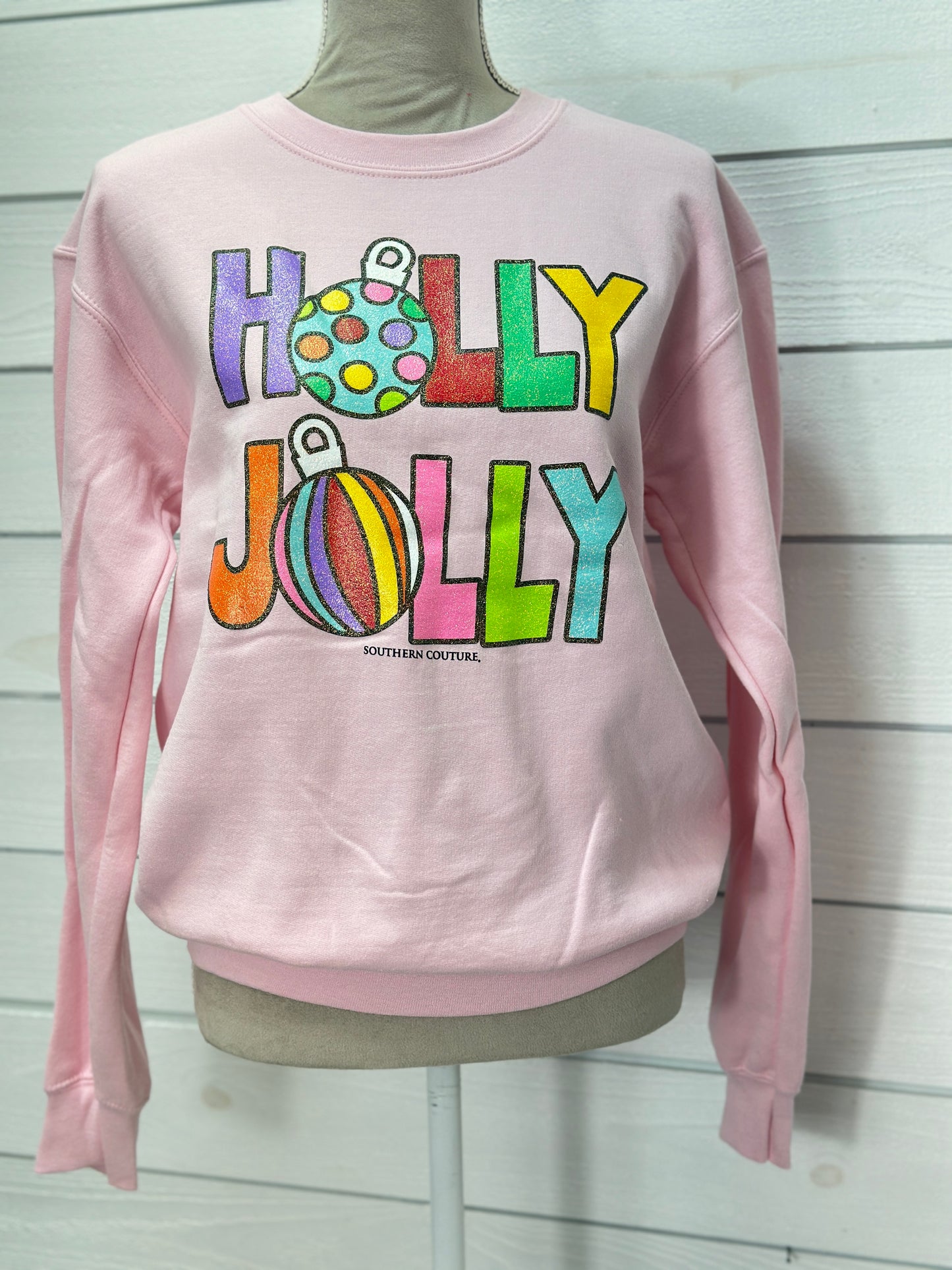 Southern Couture Glitter Holly Jolly Light Pink Crewneck
