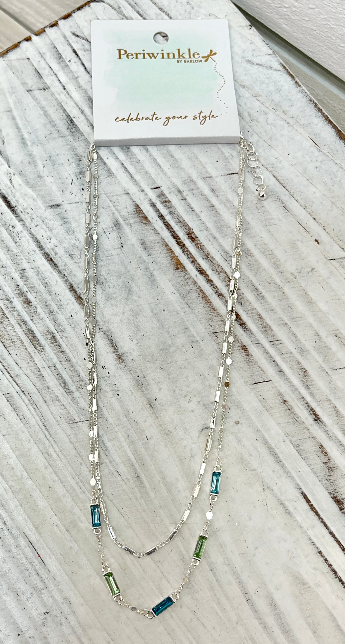 Silver Necklace With Blue Rectangle Crystals