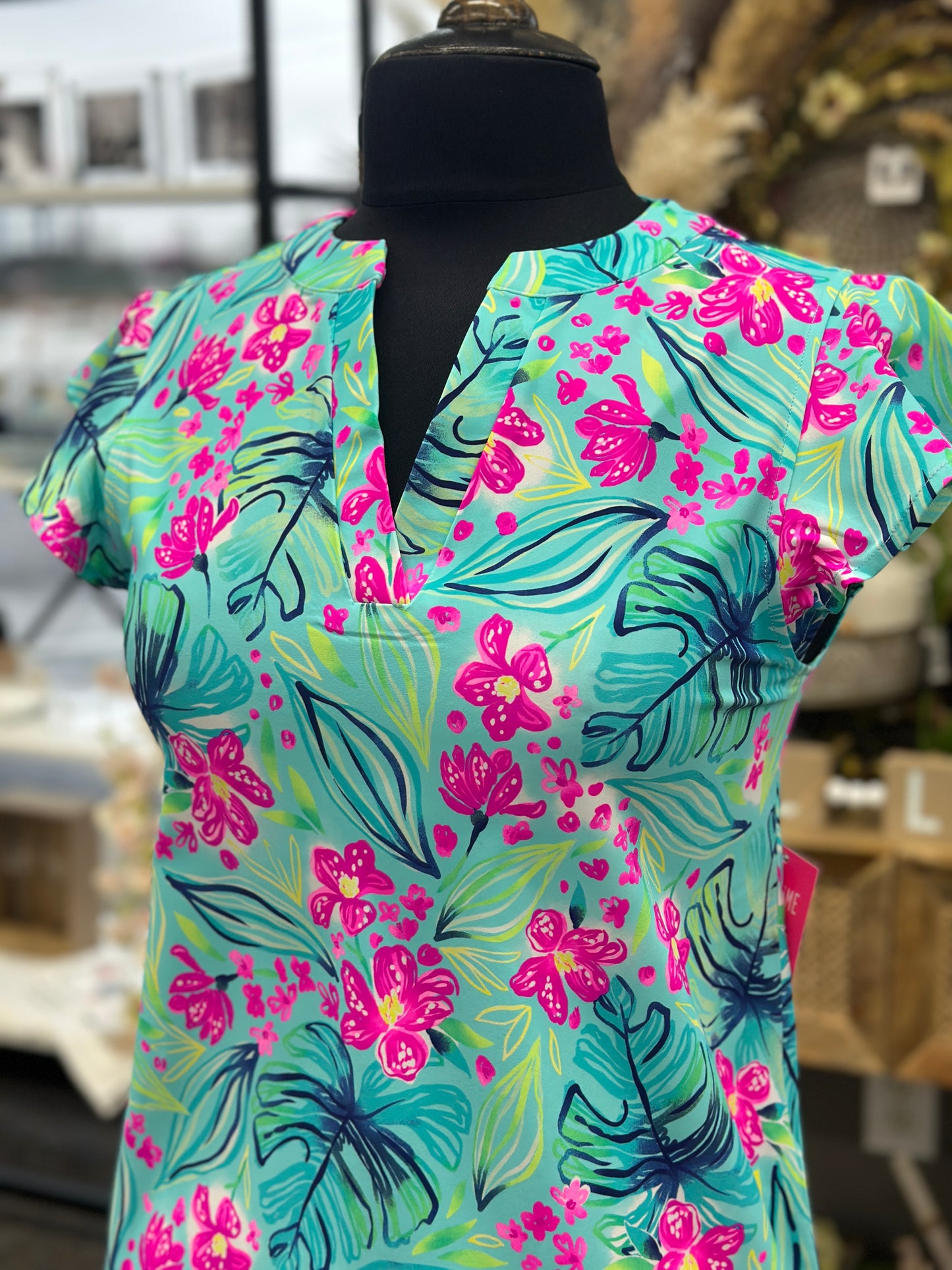 Floral and Leaf Mint Flutter Cap Sleeve Dress