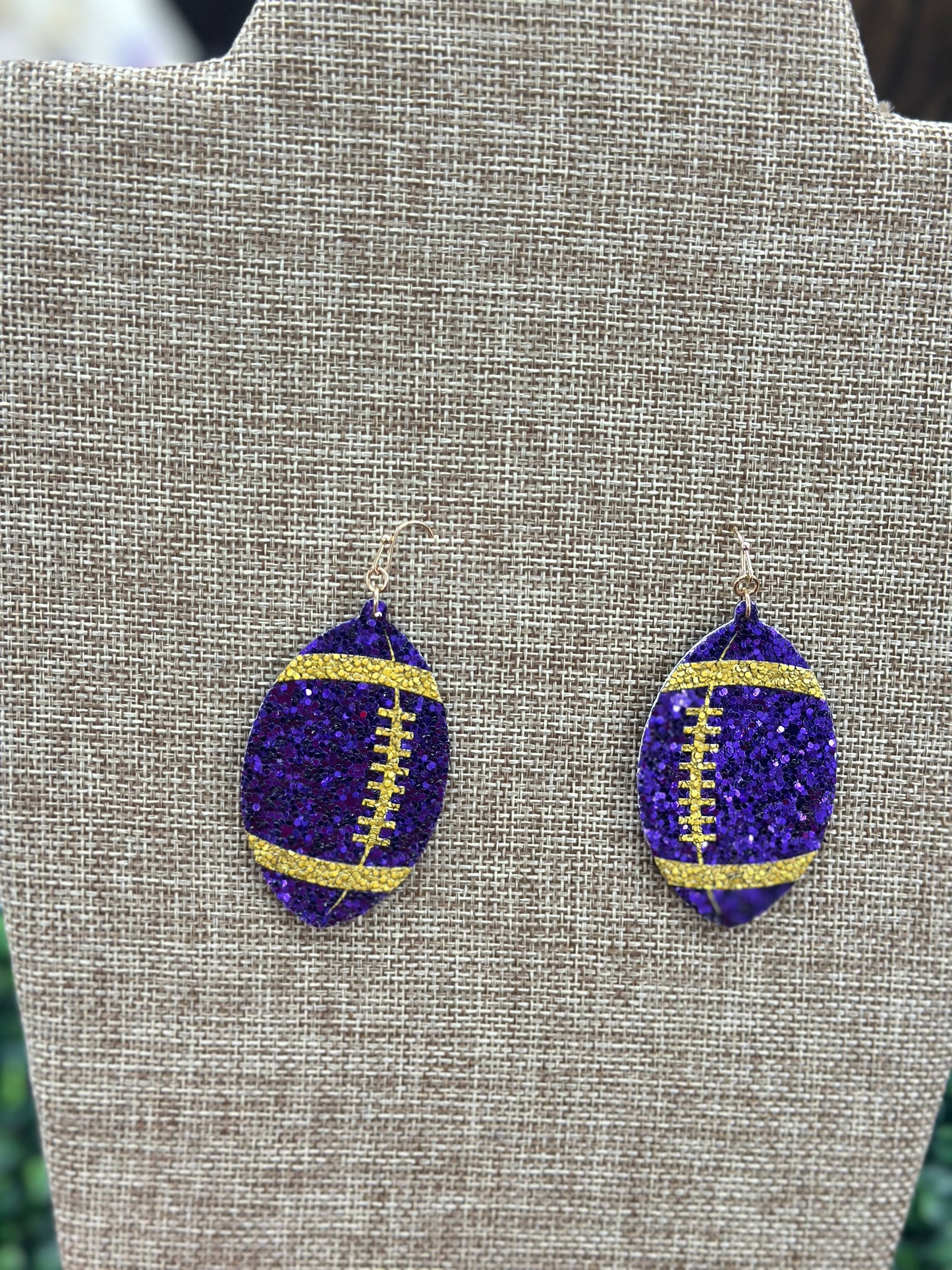 Purple & Gold Glitter Football Earrings