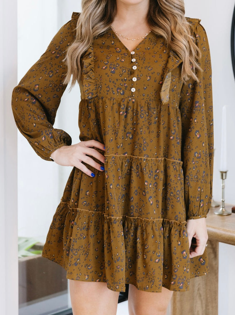 Long Sleeve Leopard Print Dress With Ruffles & Front Buttons