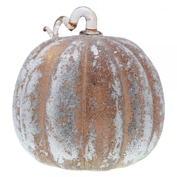 Taupe/Silver Frosted Glass Glitter LED Pumpkin