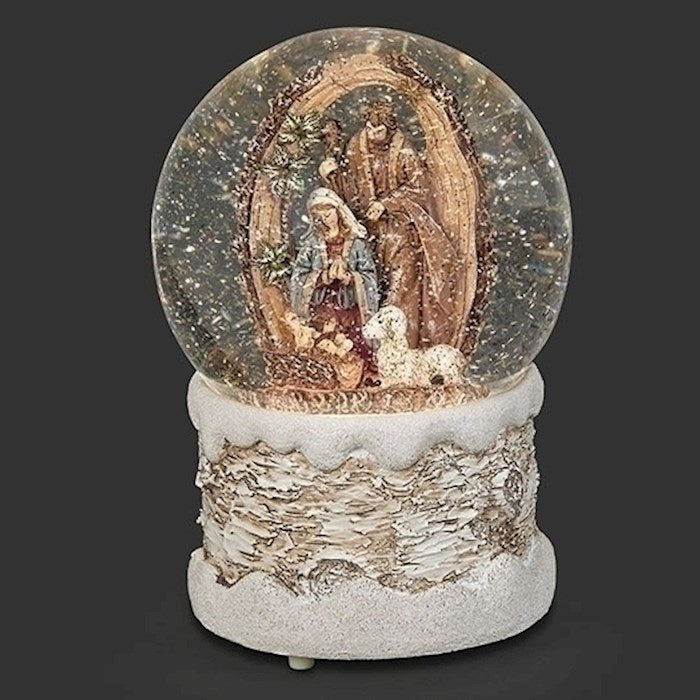 Glitterdome-Lighted Swirl Holy Family In Wood Log (7″)