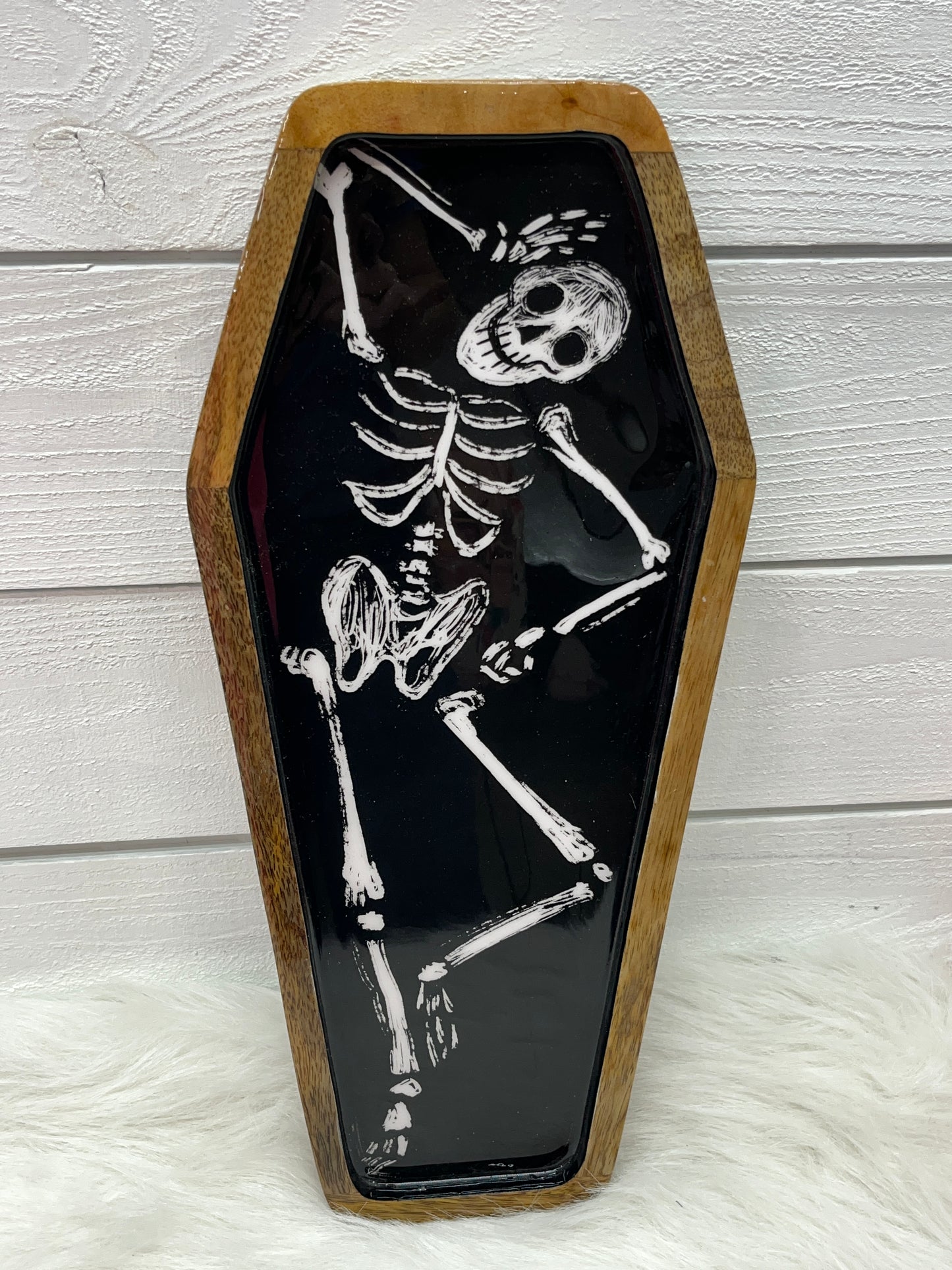 Wooden Coffin Shaped Tray With Skeleton