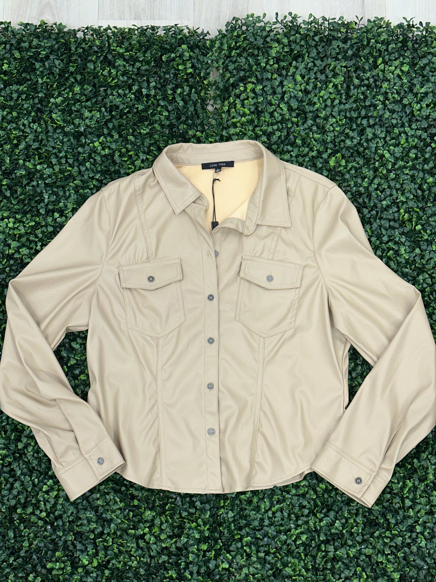 Pleather Button Down Long Sleeve Top With Chest Pockets