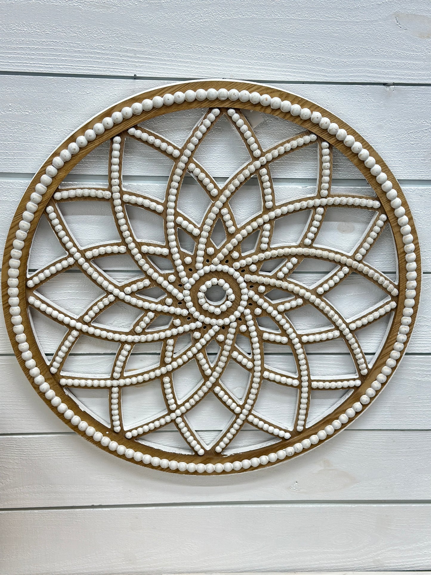 White Beaded Wood Medallion