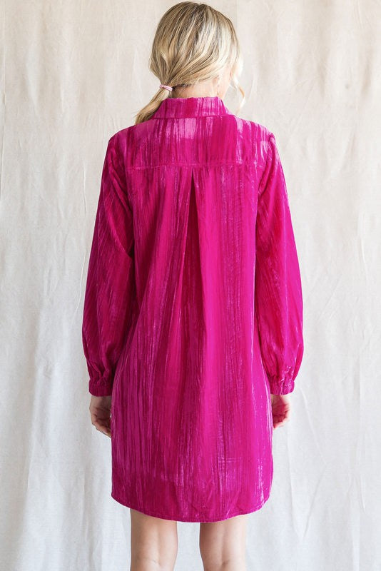 Magenta Long Sleeve Velvet Dress With Collar And Front Pockets