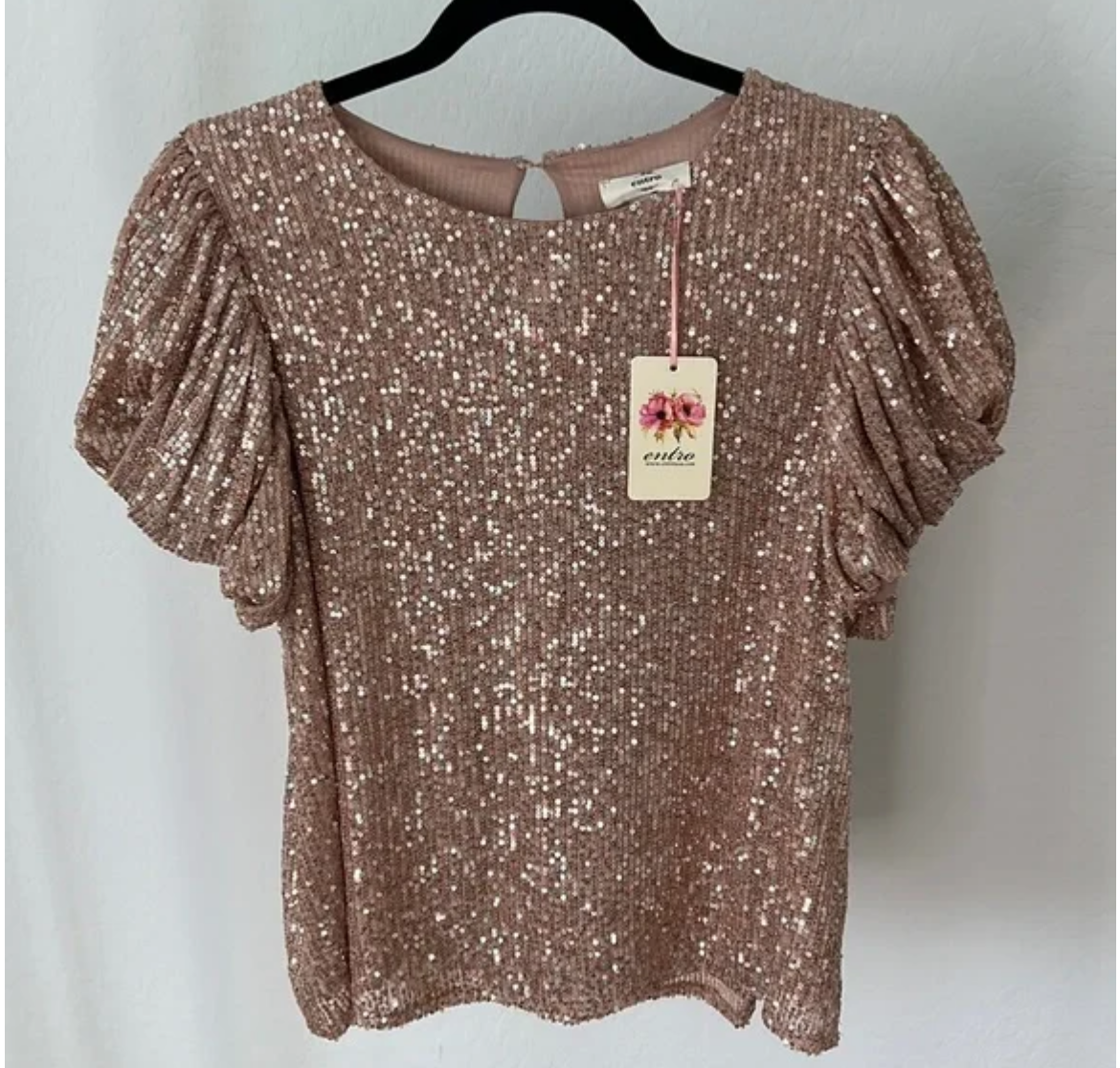 Champagne Sequin Top With Puff Detail Sleeve