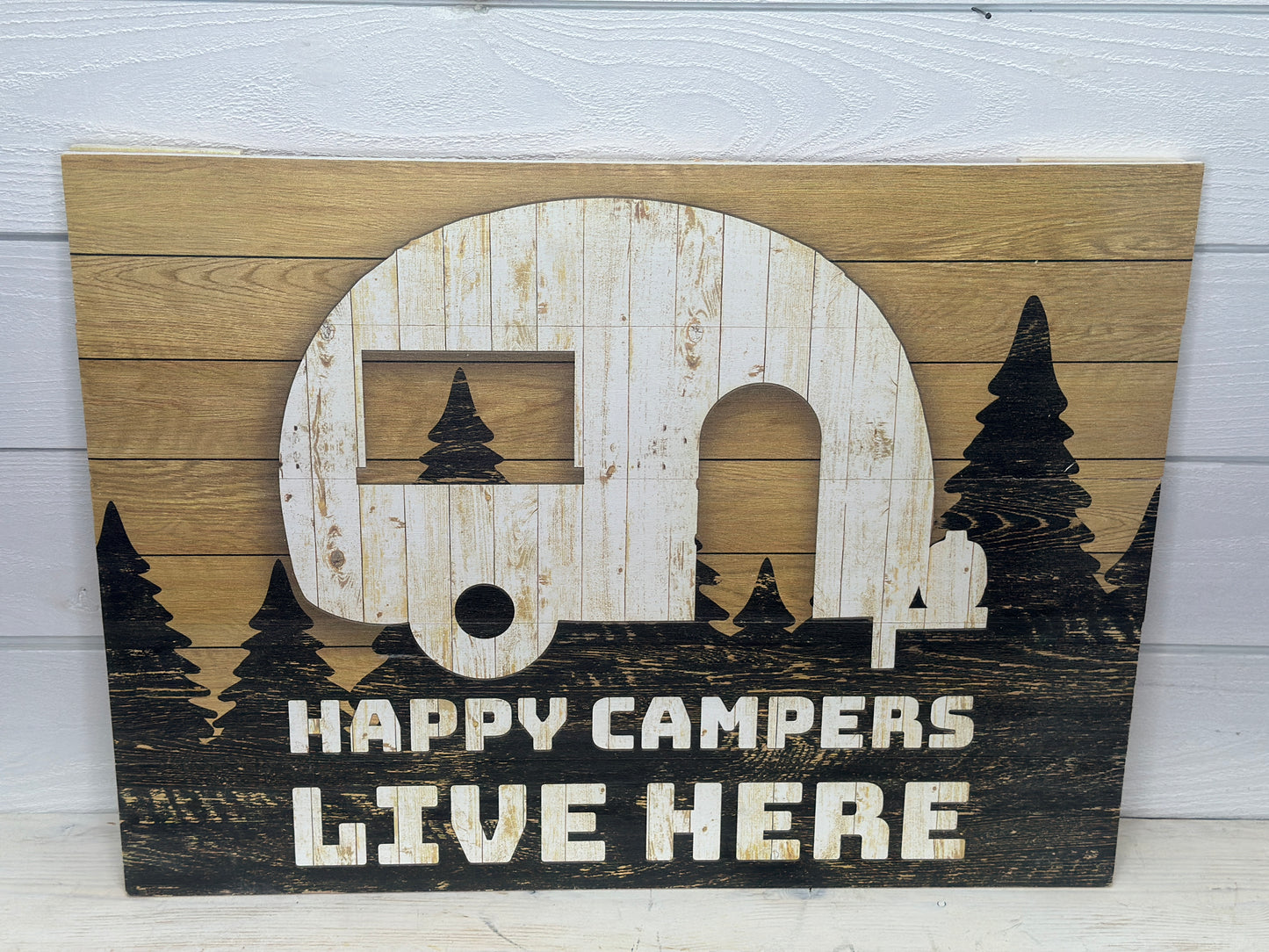 Wood Plank Happy Camper Lives Here Sign