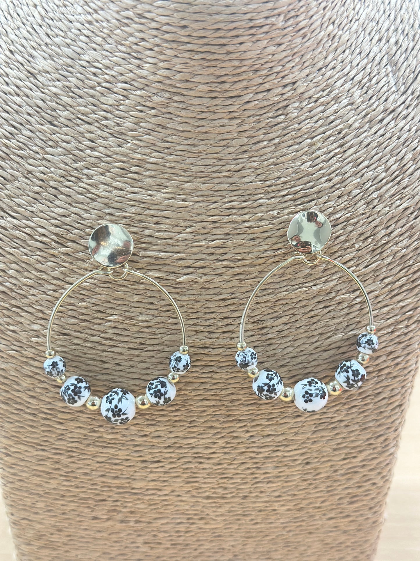 Gold Stud Dangle Black & White Floral Earrings