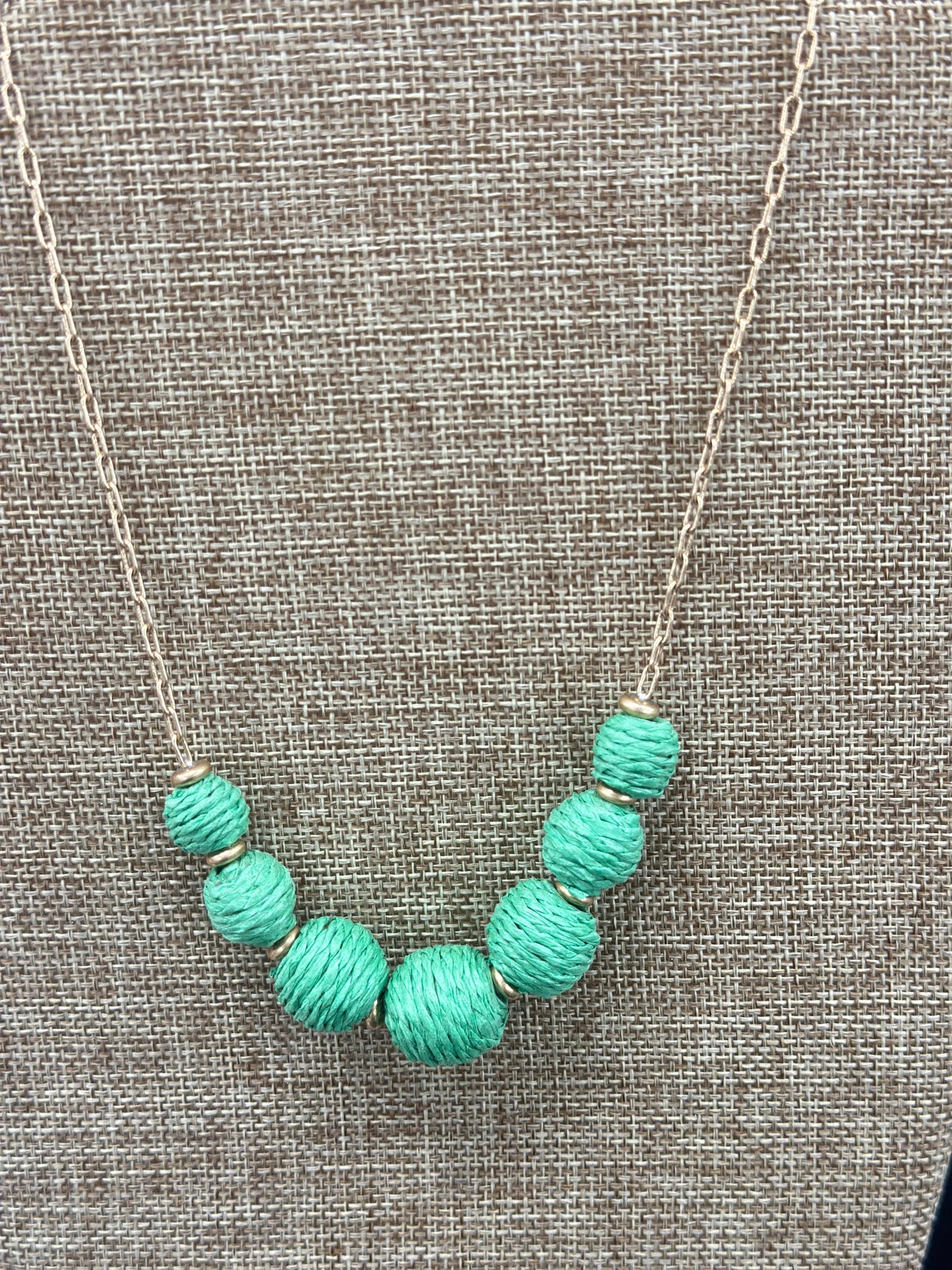 Canvas Style Demi Green Raffia & Gold Ball Statement Necklace