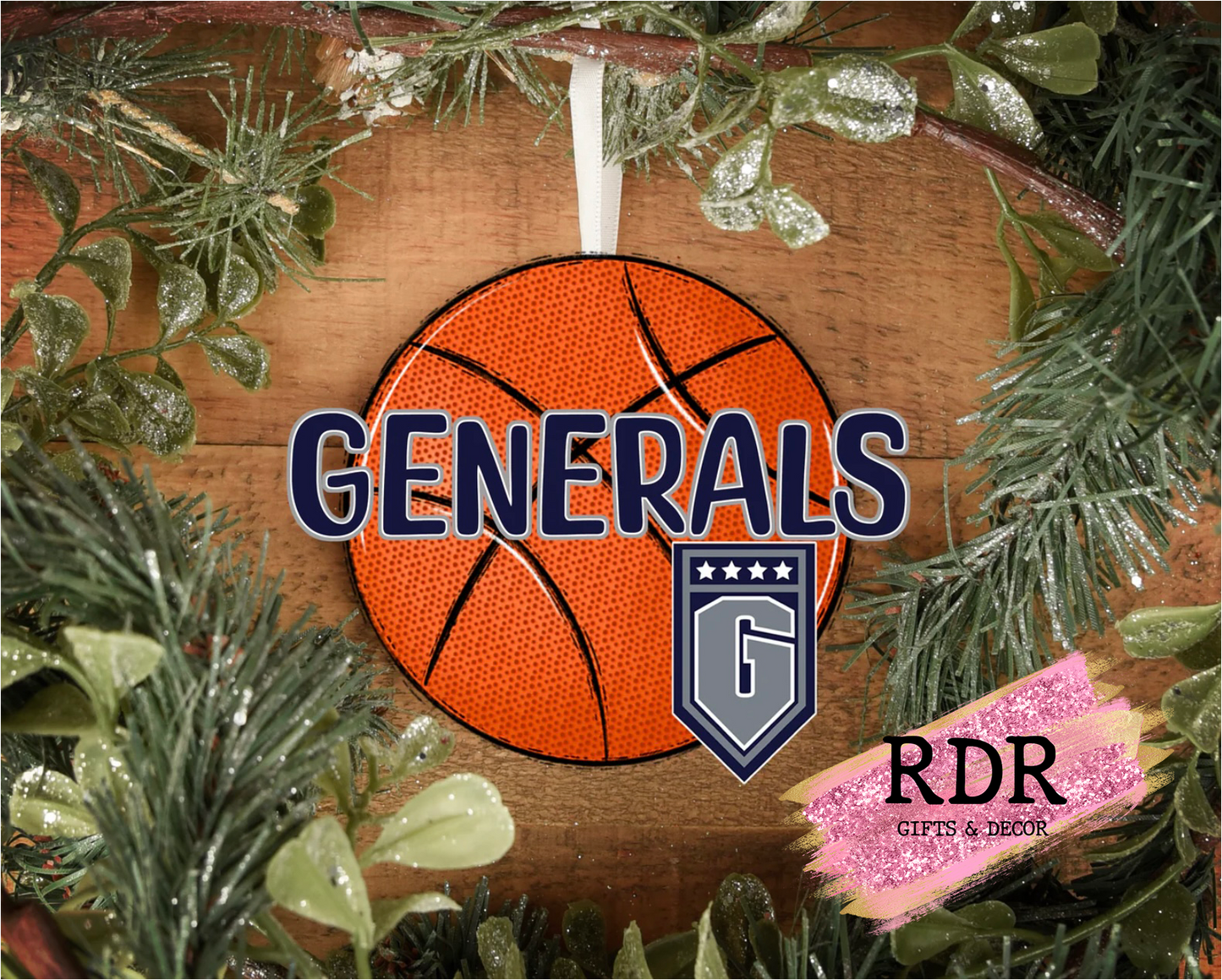 THOMAS NELSON GENERALS WOODEN BASKETBALL ORNAMENT
