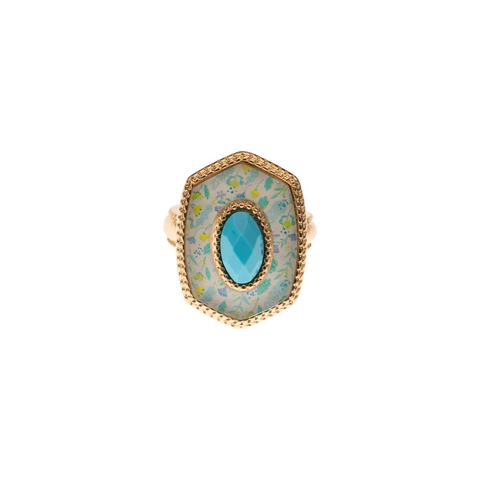 Blue Ring with Blue Floral Elongated Hexagon and Center Stone