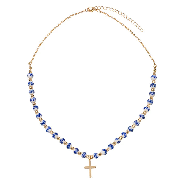 Half Blue Floral Beaded with Cross O Chain Necklace