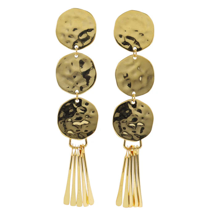 Gold Hammered Descending Disks Earrings with Gold Fringe