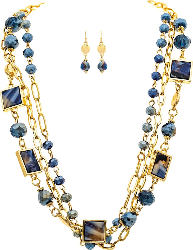 Gold Blue Glass & Acrylic Squares Link Necklace Set