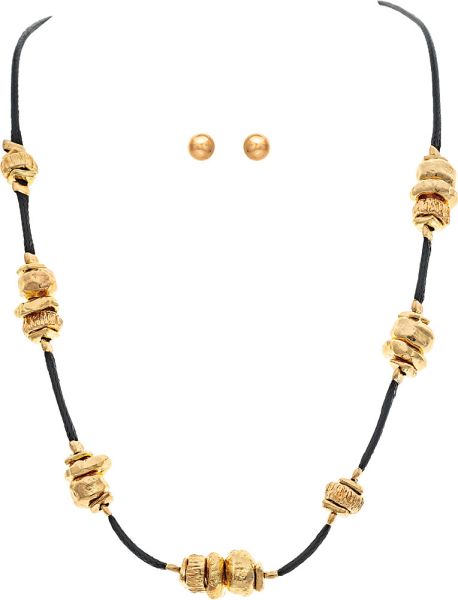 Gold Black Cord Organic Bead Stacks Necklace Set