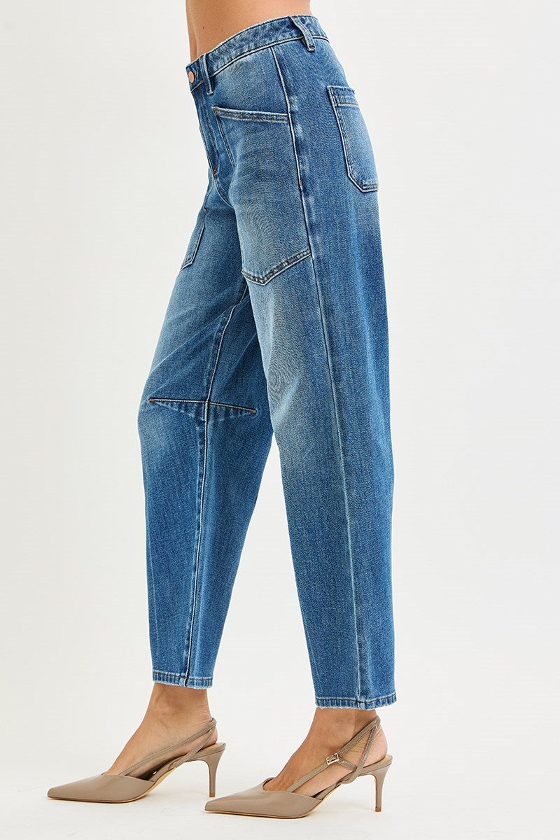 Risen 4Way Stretch Mid Rise Barrel Patch Pocket Detail Jeans- Stretchy