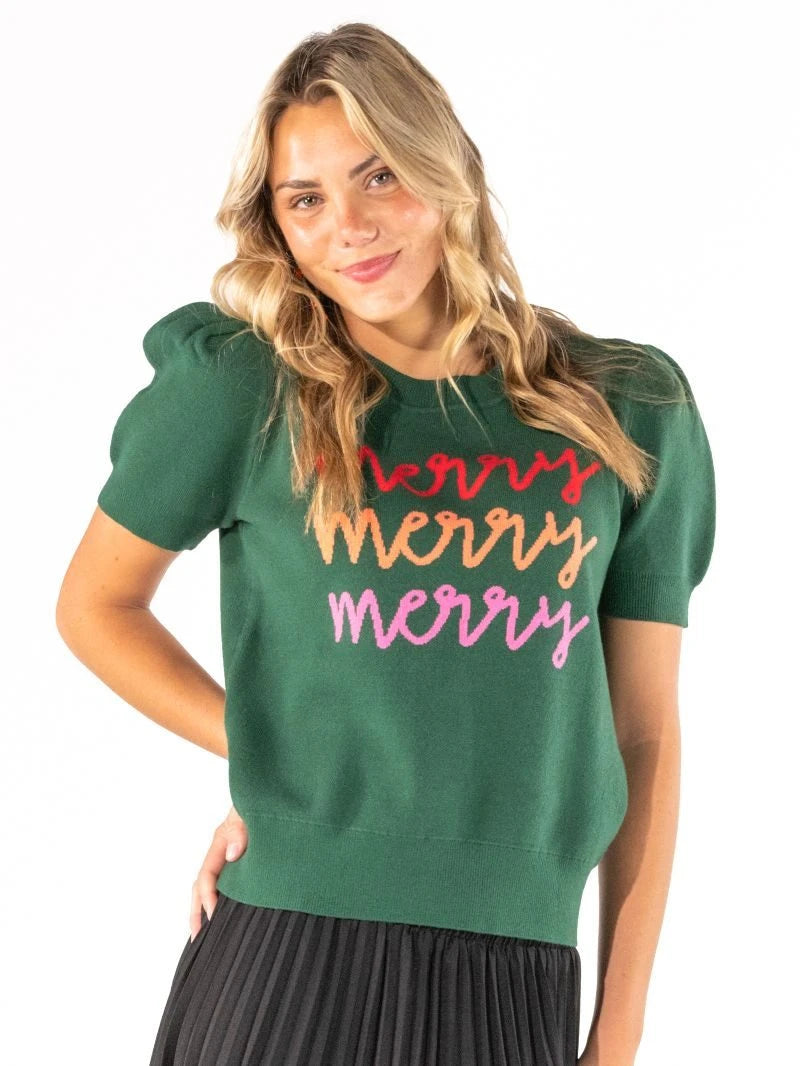Simply Southern Green Merry Puff Sleeve Knit Sweater