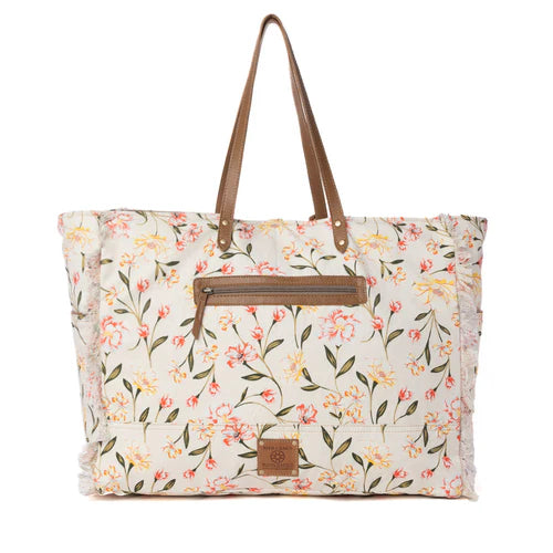 Myra Brookside Cotton & Leather Weekender Bag in Blush Cream