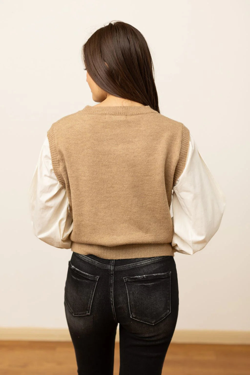 Southern Grace Tan Sweater Vest with Cream Sleeves