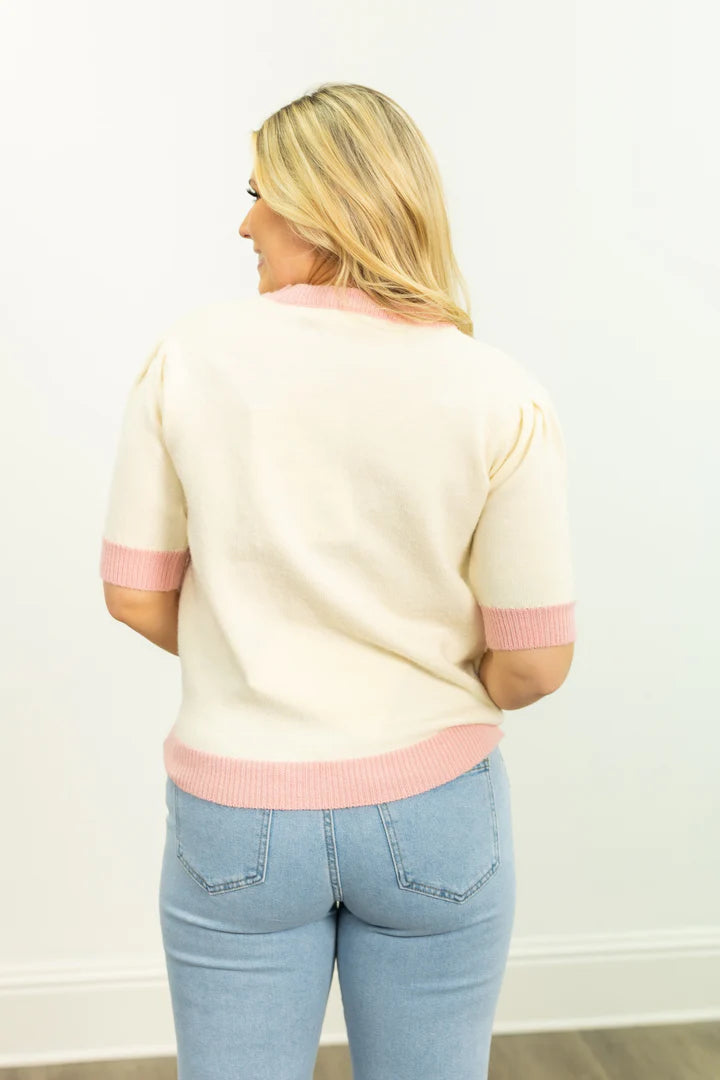 Southern Grace Glitter Peppermints on Puff Sleeve Knit Top