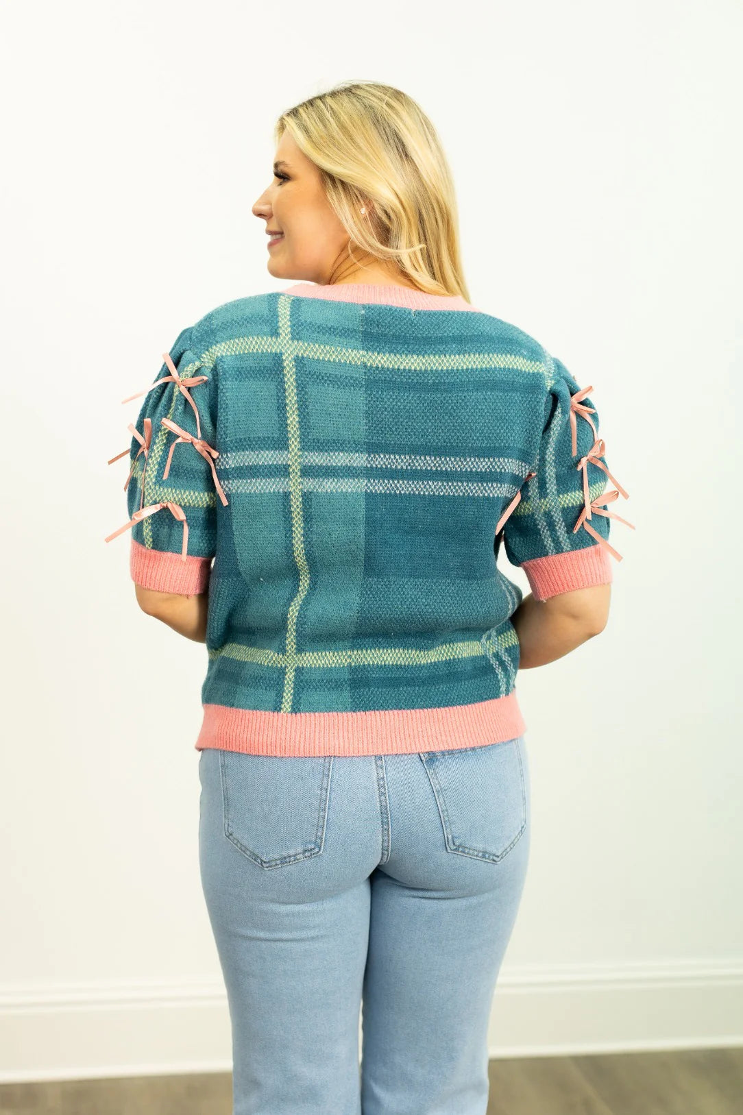 Southern Grace Plaid Sweater with Puff Sleeves