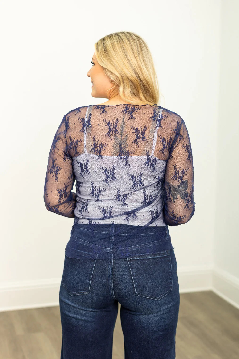 Southern Grace Lace Long-sleeve Top- Navy