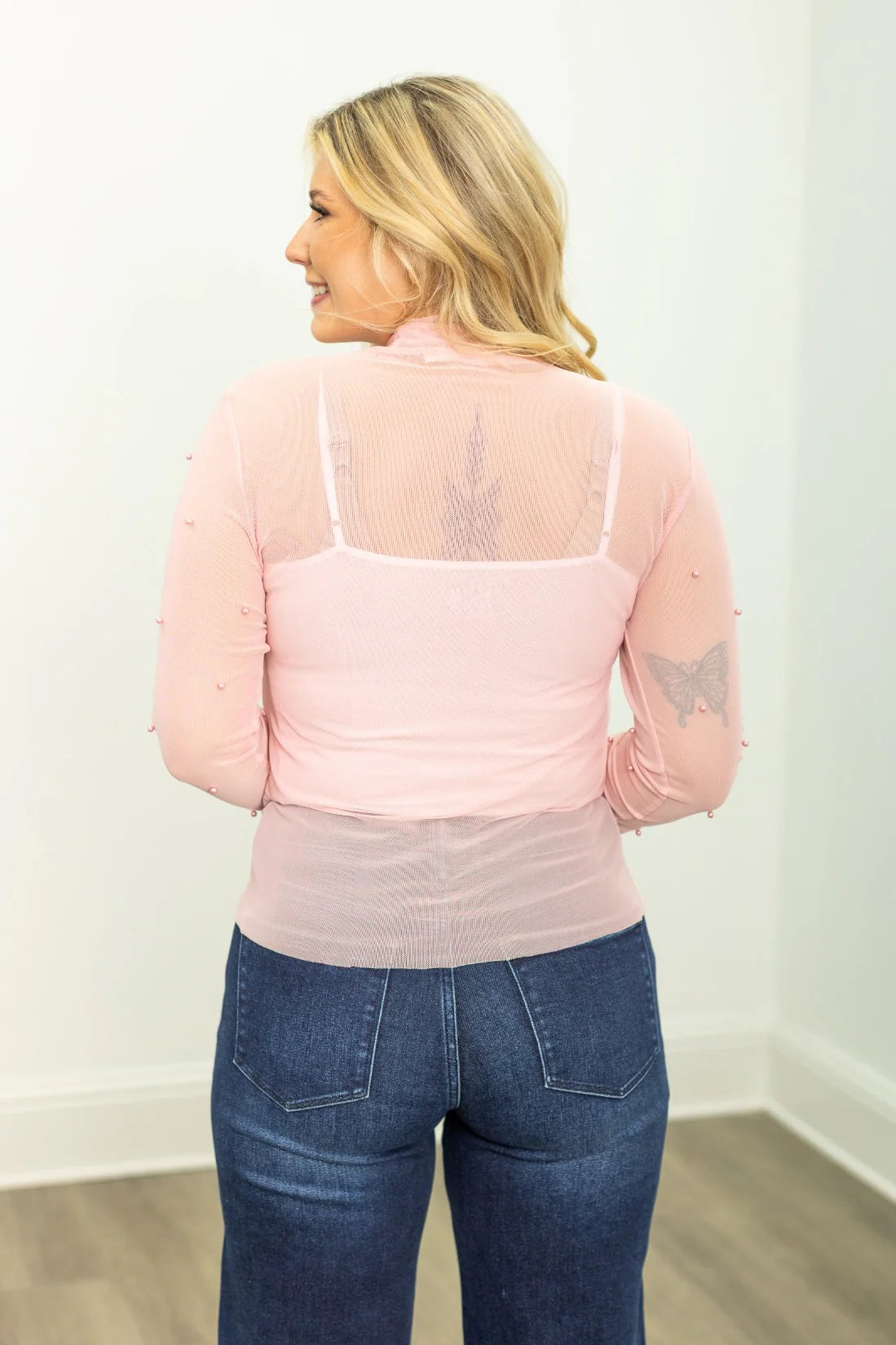 Southern Grace Mock Neck Mesh Top with Pearl Detail- Light Pink