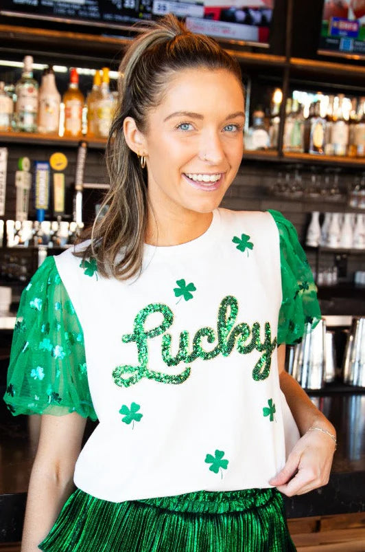Southern Grace Lucky Top With Clover On Sleeves