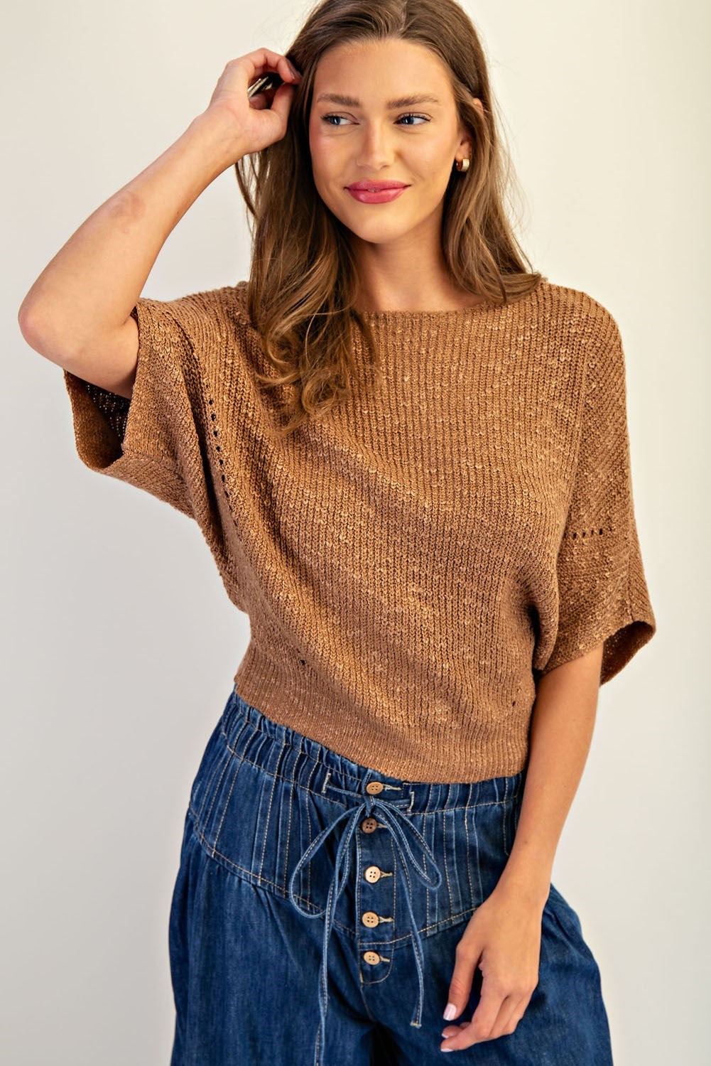 Cropped Half Dolman Sleeve Knit Sweater