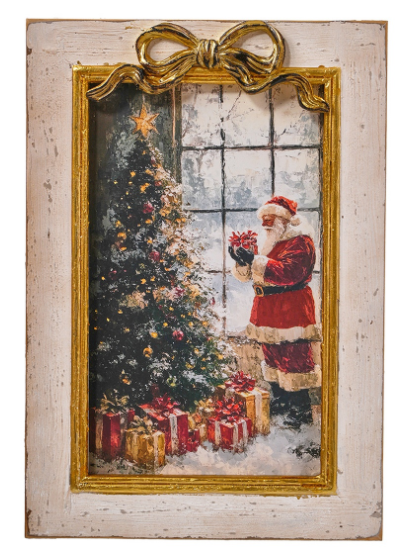 Santa With Tree Christmas Picture With Gold Bow On Frame