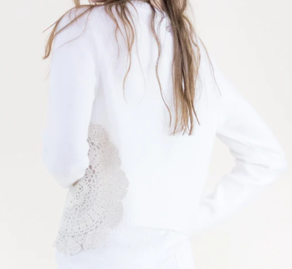 White Asymetrical Crochet Cropped Crew Neck Sweater