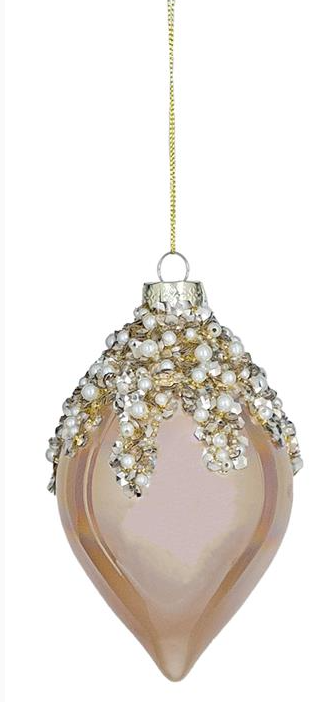 Rose Quartz Iridescent Glass Ornament With Pearls & Gold Sequins