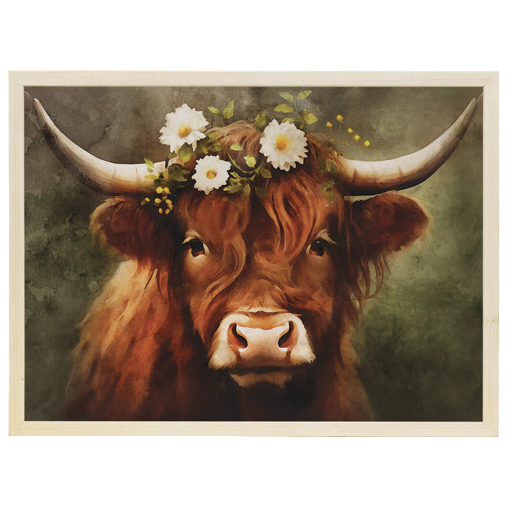 Floral Highland Cow Wood Framed Picture