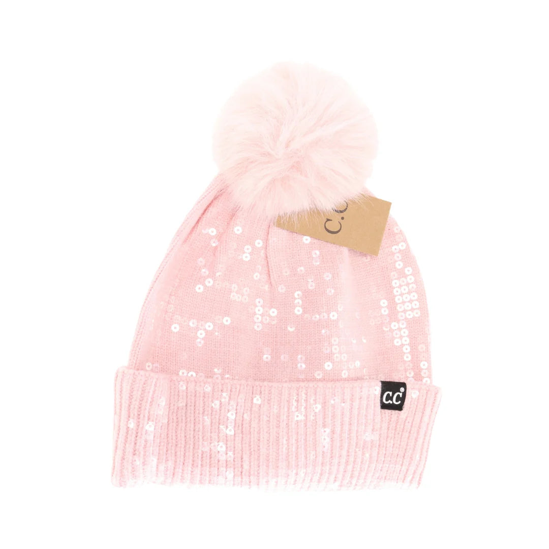Allover Clear Sequin Faux Fur Pom C.C Beanie