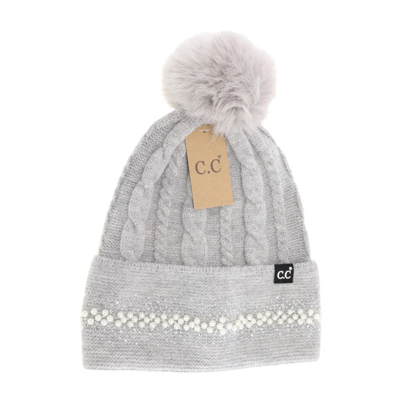 Pearl Embellished Cuff Faux Fur Pom C.C Beanie