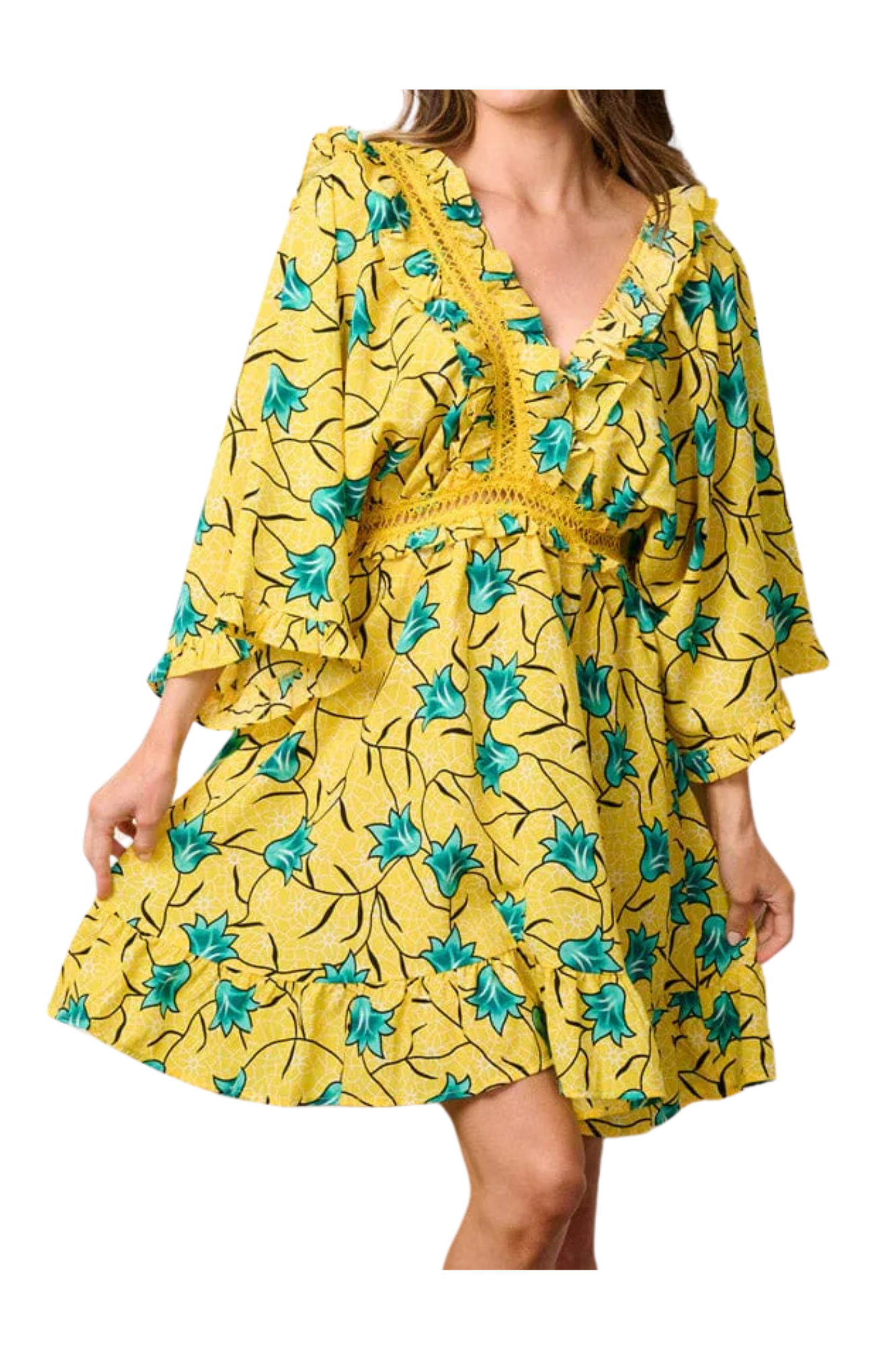 Yellow V-Neck Eyelet Detail Mini Dress