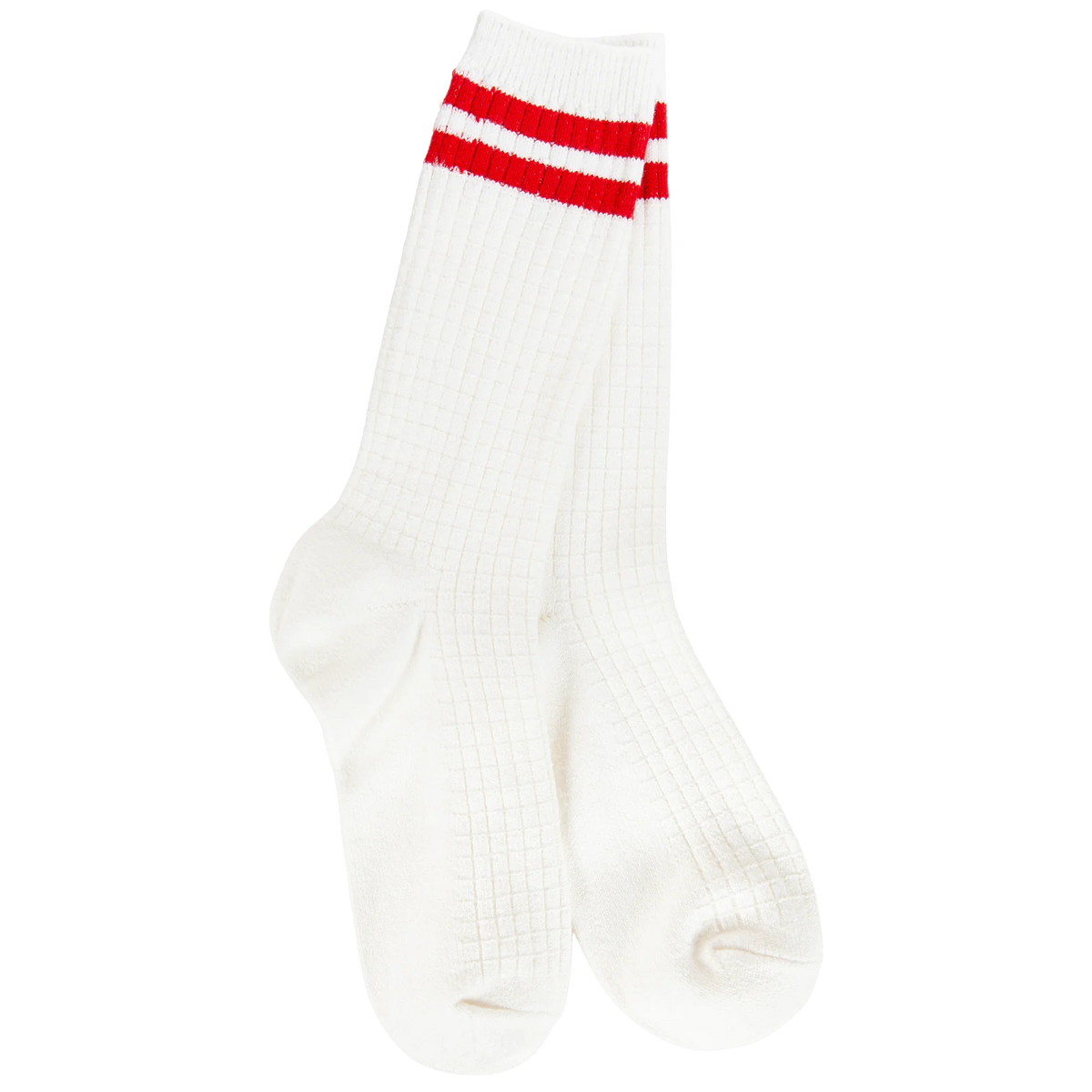 World's Softest Socks Weekend Waffle Stripe Crew- Ivory/Red- 969