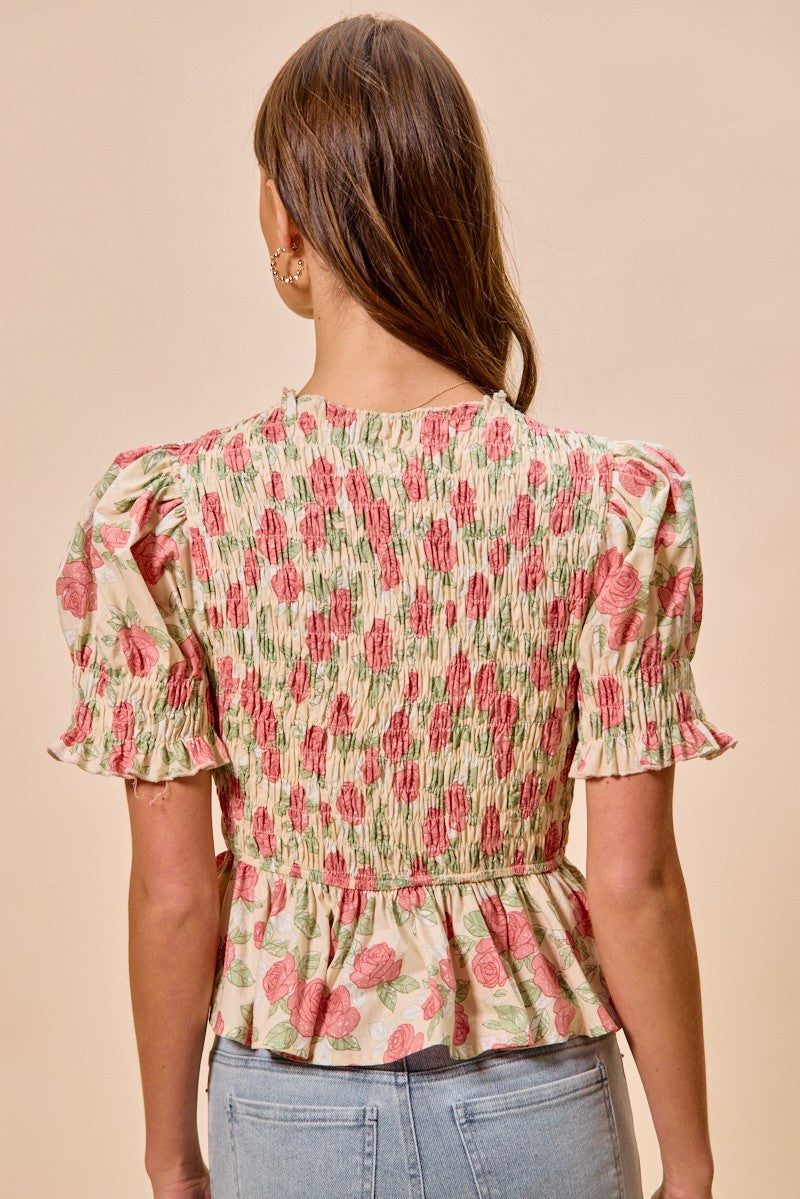 Pink Floral Rose Print Smocked Short Sleeve Top
