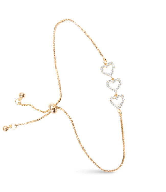 Gold Triple Heart Cubic Zirconia Pull Cord Bracelet
