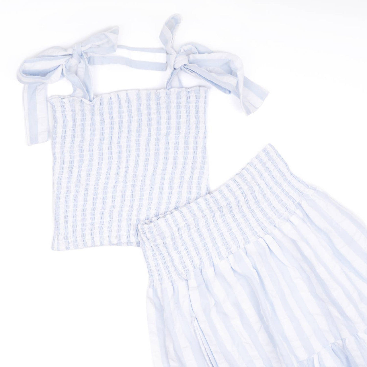 Blue & White Textured Stripe Smocked Tie Top & Skirt Set