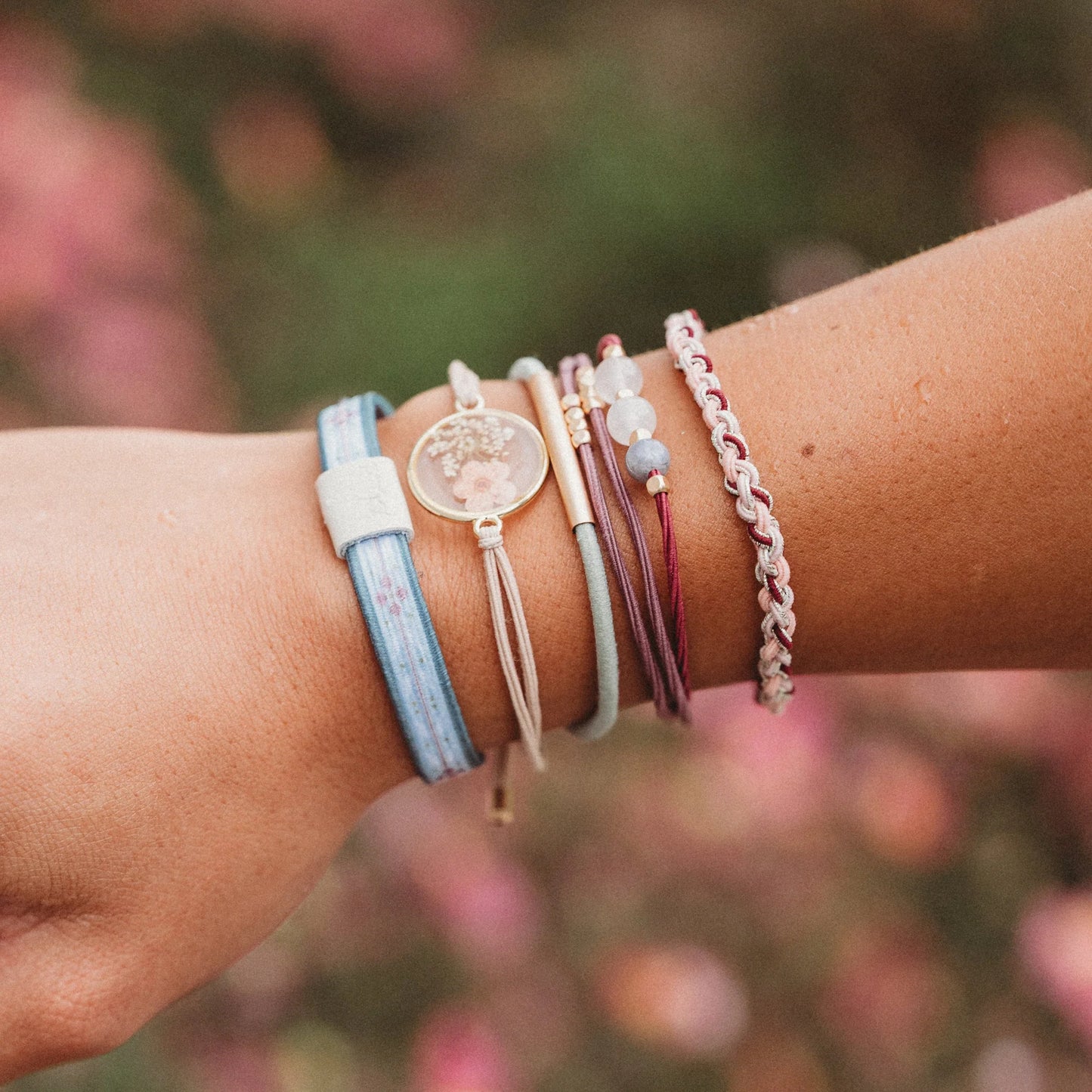 K'Lani "Bloom" Maroon & Pink with Pressed Flowers Hair Tie Bracelets