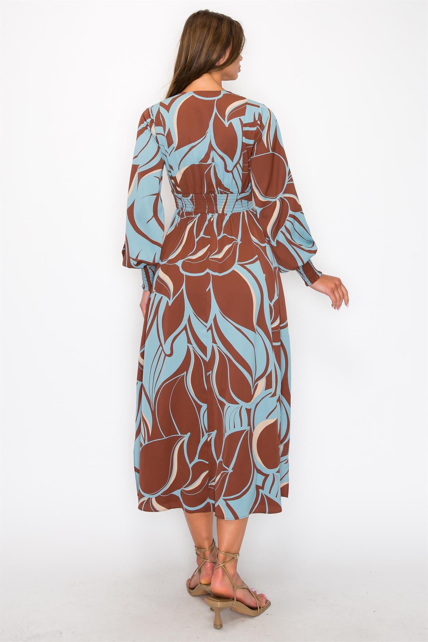 Mocha & Blue Long Leaf Print Dress
