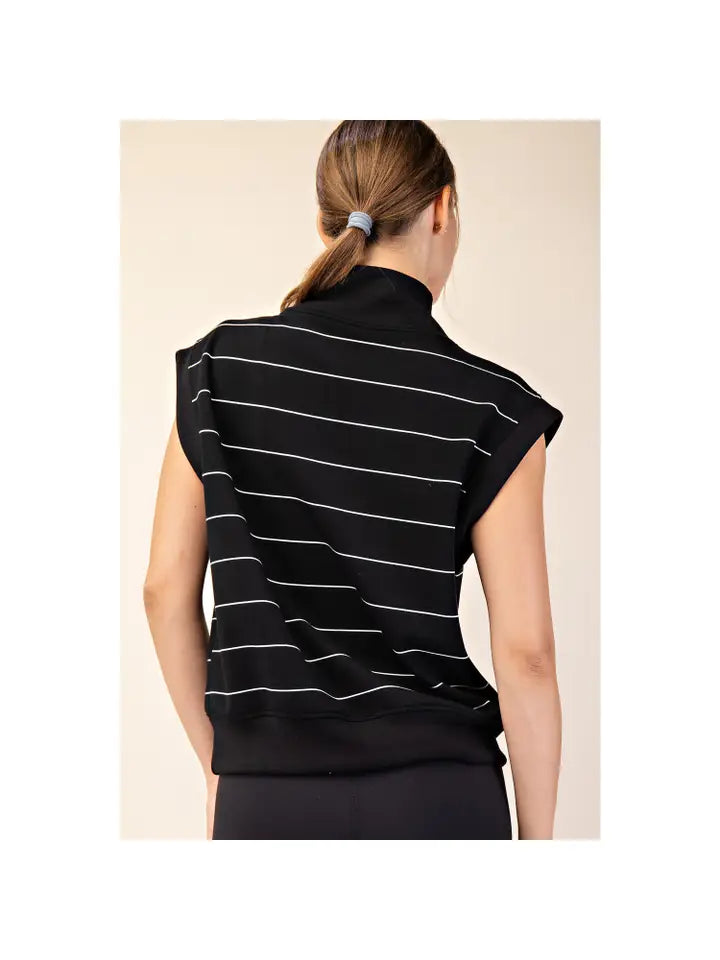 Black & Cream Stripe Modal Scuba Quarter Zip Sleeveless Top