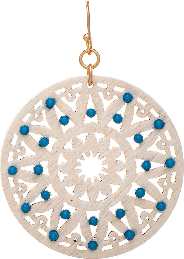 Ivory Wood Turquoise Blue Bead Medallion Earring