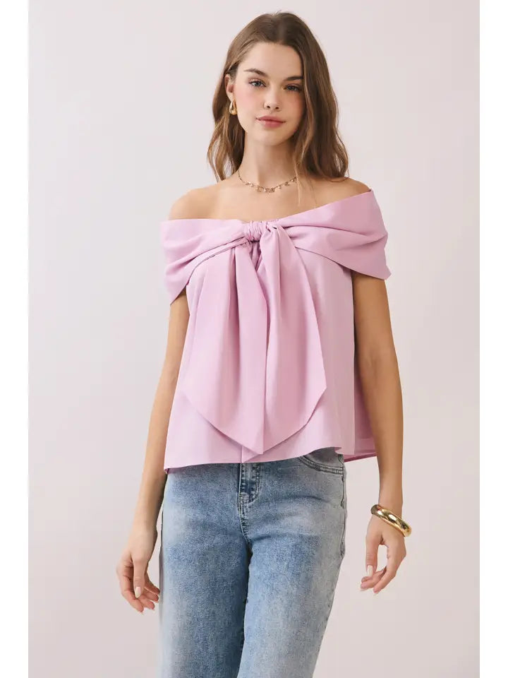 Lilac Bow Accented Off the Shoulder Top