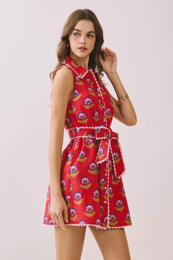 Floral Print Contrast Scalloped Trim Detail Dress