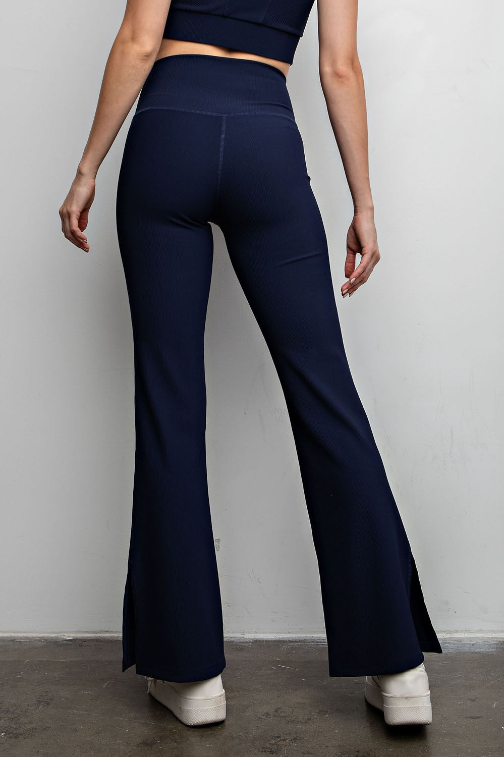 Rae Mode Nylon Rib V Waist Flared Leggings- Navy